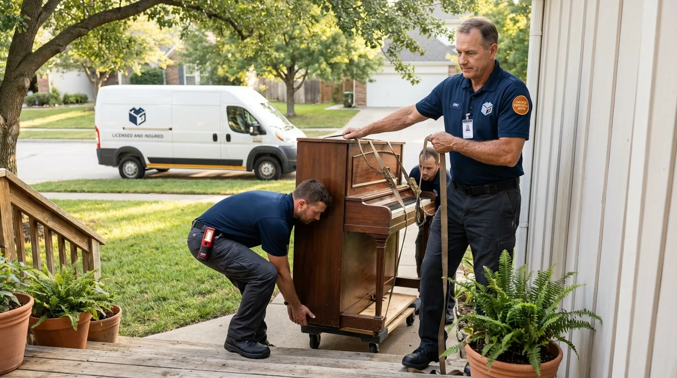 Licensed piano movers securing grand piano in Hannawa Falls, NY