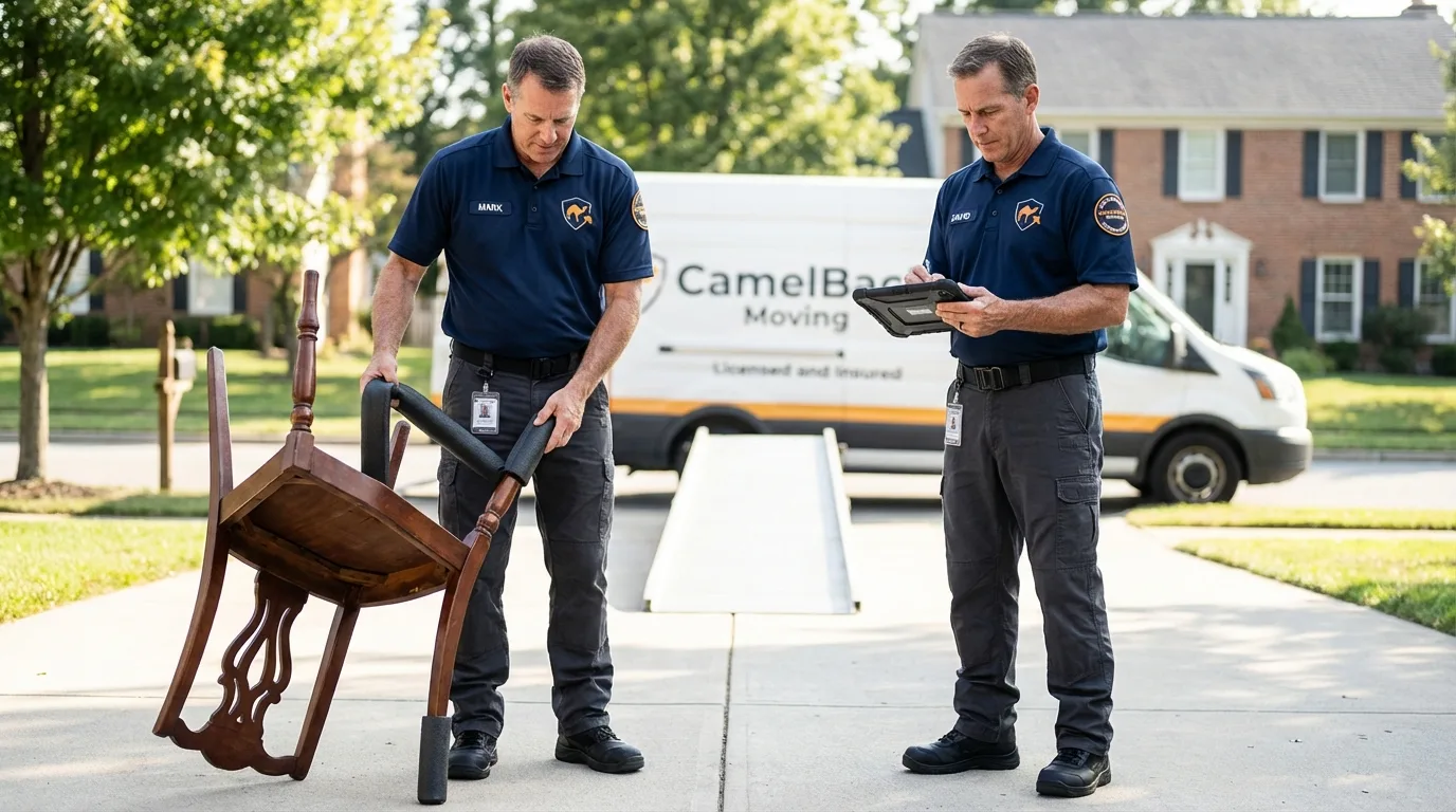 Movers inspecting furniture for damage prevention before loading in Hannawa Falls, NY