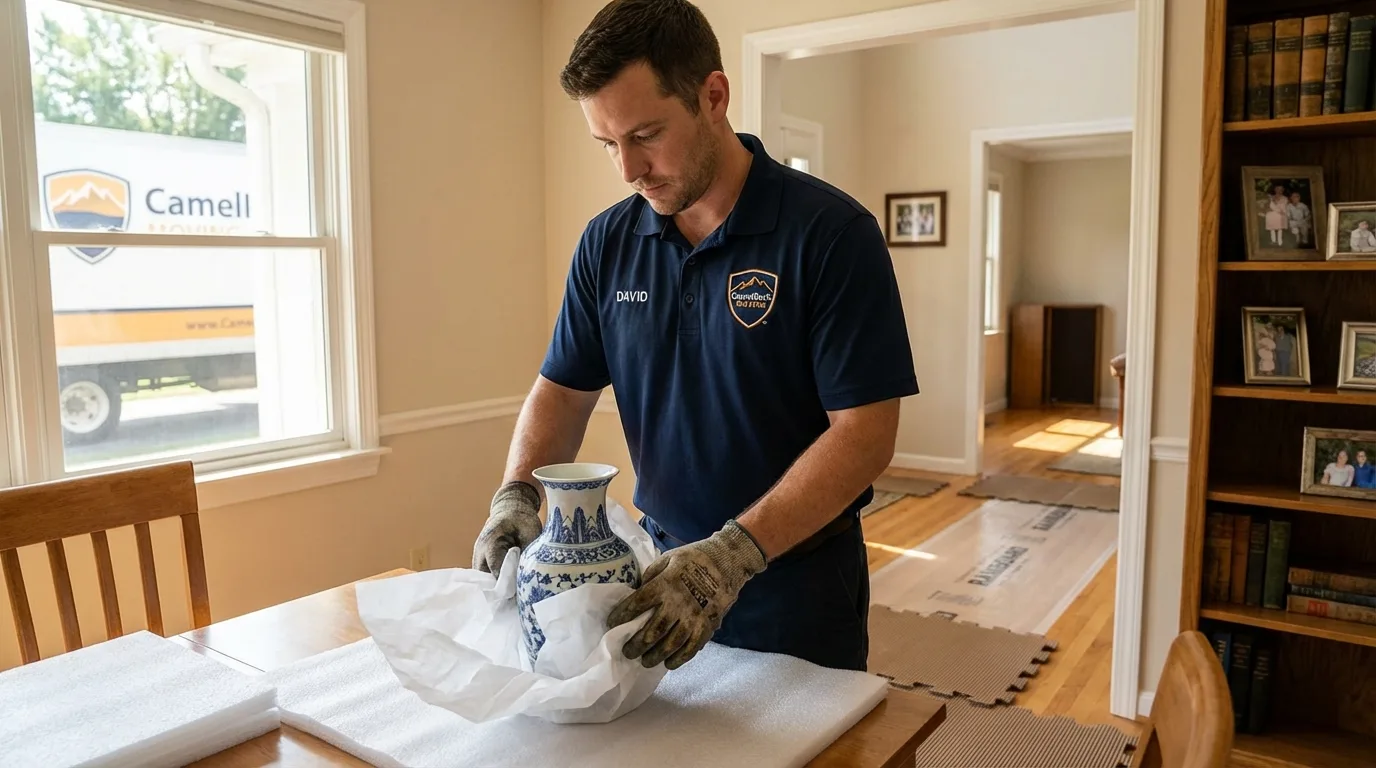 Professional crew carefully wrapping antique vase for senior downsizing move in Hannawa Falls, NY